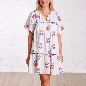 Summer Block Pattern Knee-length Dress Embroidery Mini Relaxed Dress