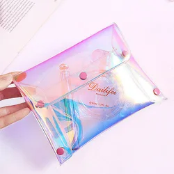 Custom Logo Girls Laser Iridescent Pvc Cosmetic Bag Jelly Envelope Makeup Bag For Women