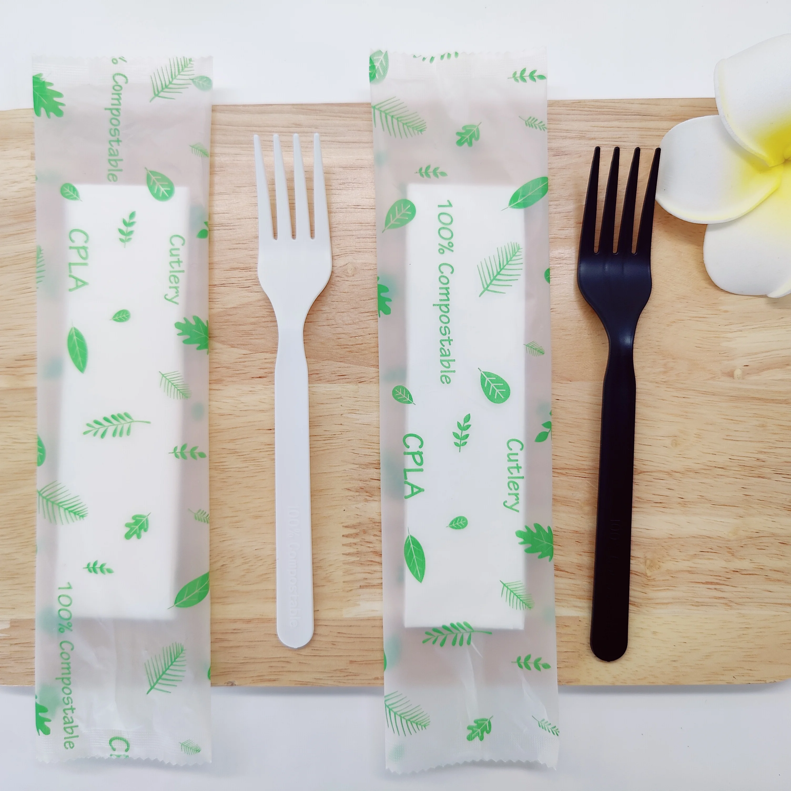 GreenWorks Wholesale Customized Wrapped Individually Compostable Plastic CPLA Forks with Biobag Printing Sets NAPKIN
