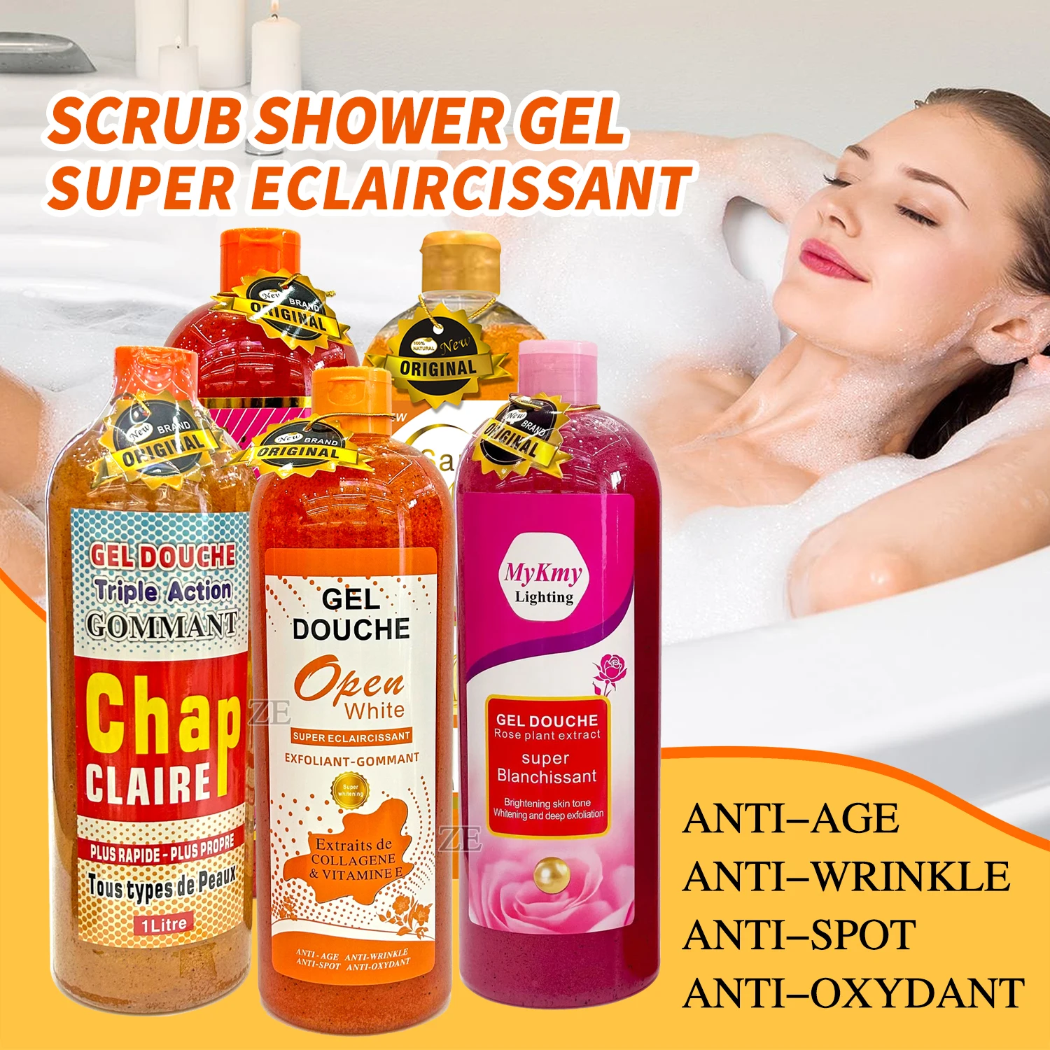 Gel Douche Exfoliant & Blanchissant 1000 ML - Aux Actifs (Acide Hyaluronique, Collagène, Niacinamide) - Parfum Floral - Neuf