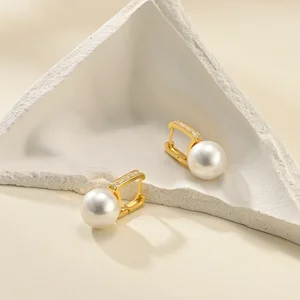 Elegant Gold Plated Square Hoop Earrings with Large Pearl Crystal Accents Chic Pearl Stud Wholesale Earrings Women Daily Wear