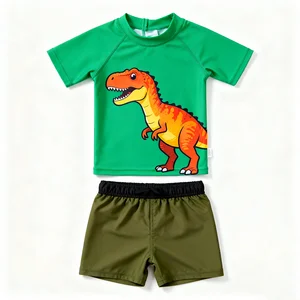 Oeko Tex Customized Children's Cartoon Swimsuit Boys Short Sleeve Split Swim Trunk Set Two Piece Beachwear for Summer
