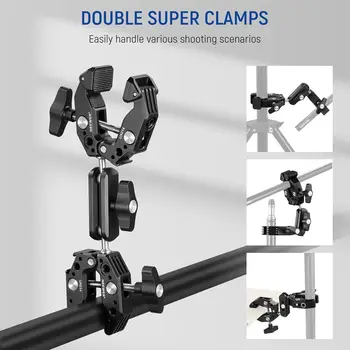 NEEWER Double Super Clamp Camera Mount with Dual Ball Heads Magic Arm for Desk Selfie Stick Tripod Stand Gimbal Rod, LED Light detail image