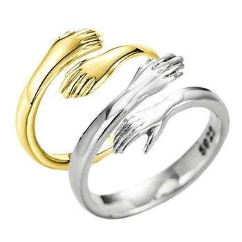Newest Fashion Jewelry Wholesale Adjustable Gold Plated S925 Silver Plating Vintage Ring Carving Couple Love Hug Hand Rings
