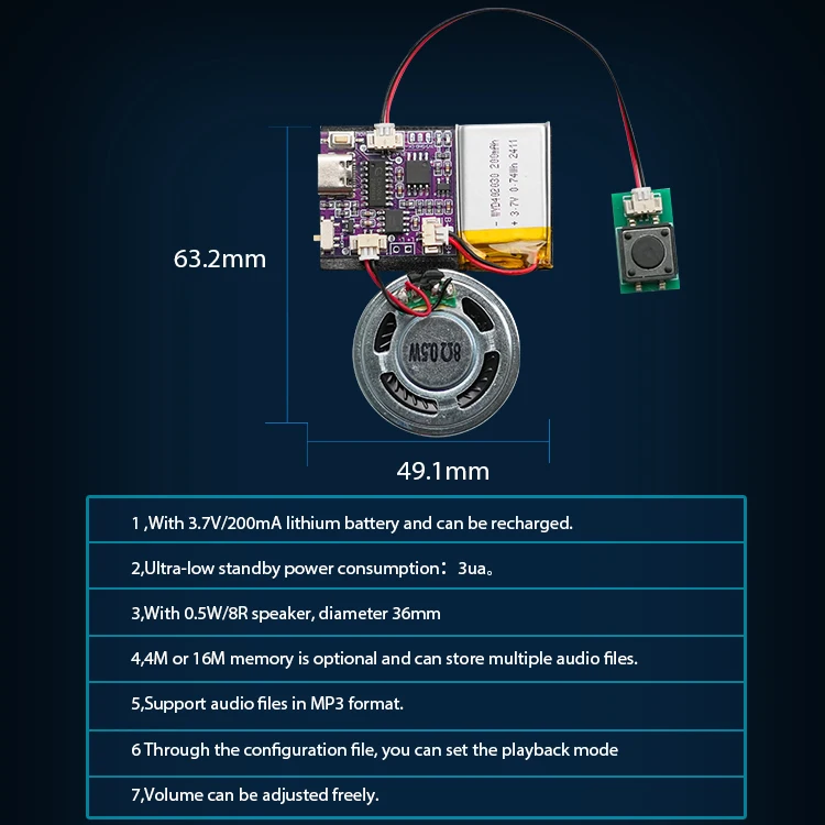 Jx7004-push Button-4m Rechargeable Sound Module for Toys