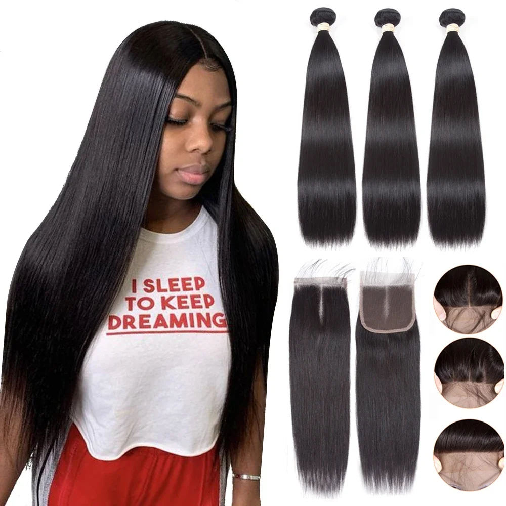 Dark Brown Peruvian Straight Human Hair Weave 3 Bundles with 4x4 Closure and Light Brown Hair Bundles with Closure_voghion.com