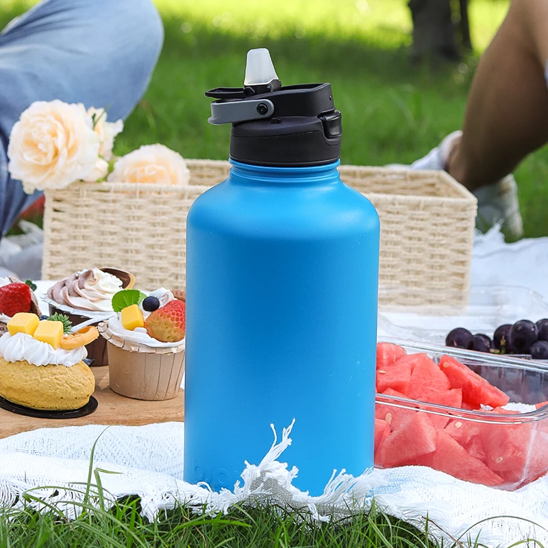 Custom 64oz/2L Half Gallon Sport Water Bottle with BPA Free Straw Handle  Lid,Double Wall Insulated Stainless Steel Vacuum Flask
