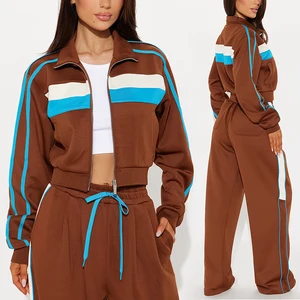 Huilil Custom Premium Patchwork Zip-Up Jacket Loose Fit Pants 2 Piece Fashion Streetwear Outfits for Women Short Tracksuit