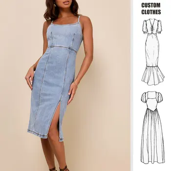 OEM Custom Women Summer Sexy fashion suspenders backless short skirt denim dress   Wash Blue Denim dress Sleeveless jean dress