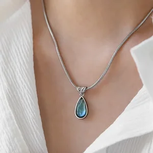 Women's Fashion Teardrop Droplet Shape Necklace with Snake Chain Gold Plated Stainless Steel and Natural Stone Style Accessory