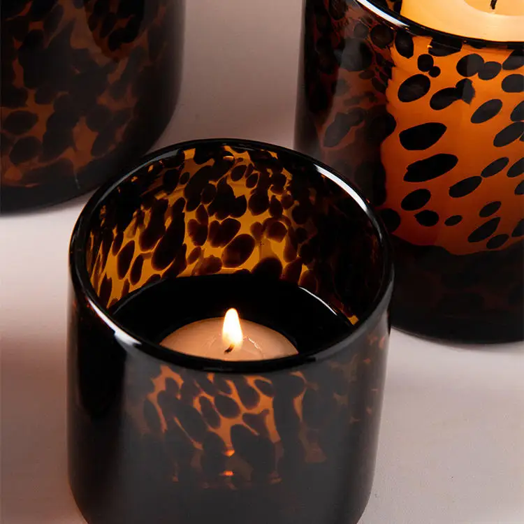 Hand Blown Cylinder Glass Candle Holder Colorful Brown Leopard Animal Print Tortoise Shell Glasses Design for Christmas Decor