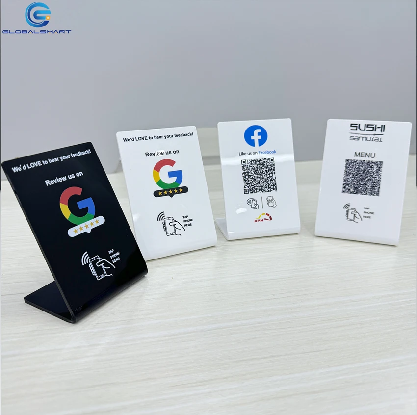 Custom Acrylic Google Review NFC Table Stand Display Qr Code for Restaurant Menu Instagram Facebook Whatsapp Linkedin