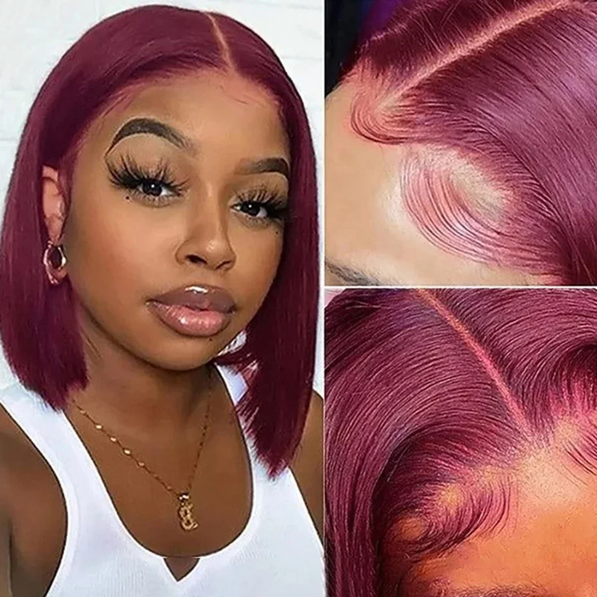 Burgunder Lace Front Echthaar Bob Perücke Remy Haar Vorgestylt_voghion.com