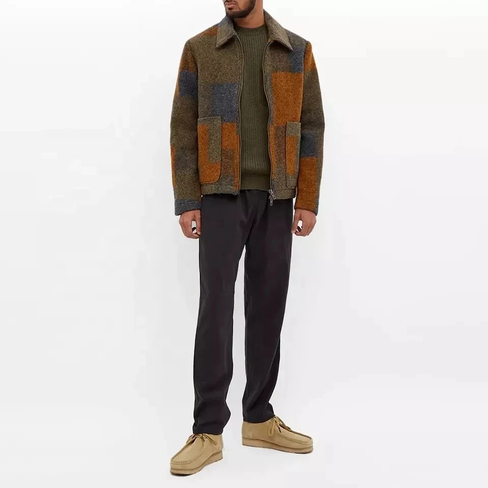 Lanwo Oem Custom Two Zip Way Closure Front Pockets Color Block Wool Jacket for Men
