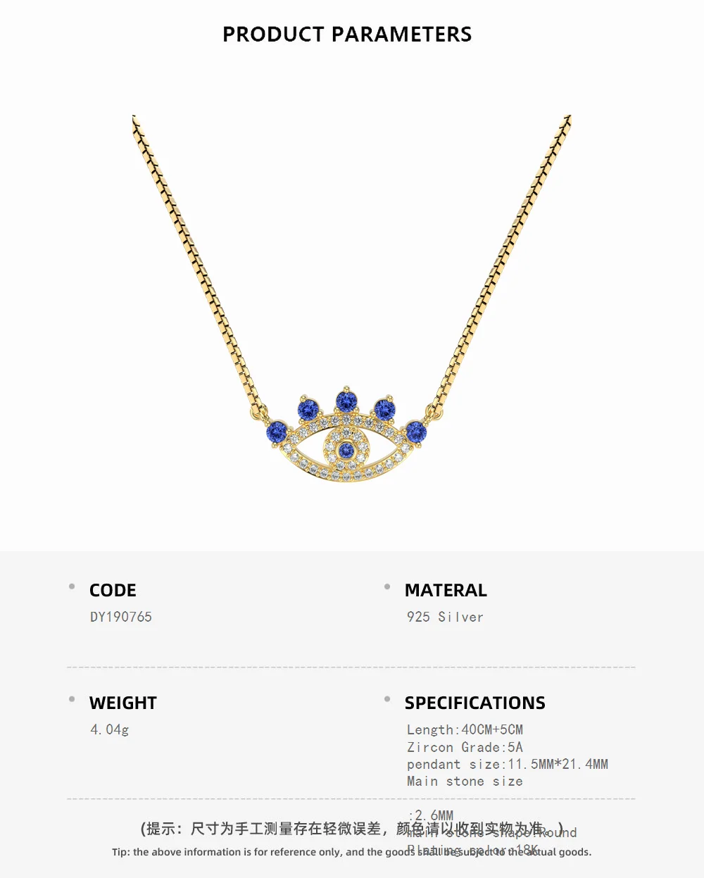 KAKODIY High Quality Cubic Zirconia Necklace 925 Sterling Silver Chain Goog Luck Blue Evil Eyes Pendant Necklace for Women detail 1