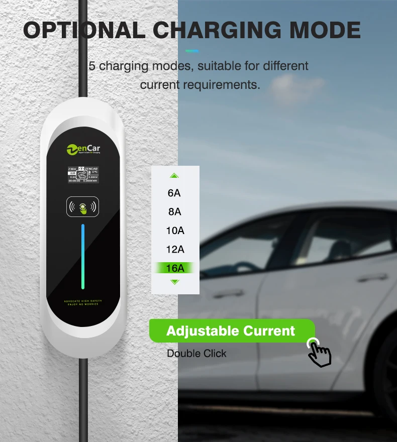 Zencar Model E Portable Ev Charger Type 2 Ev Car Charging Station 32a 7kw With Cee Blue 3 Pins 7814