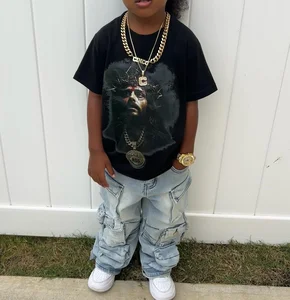 New Design Custom Streetwear Oversize T-shirt Vintage Acid Washed Wide Jean Pants Hip Hop Denim Trousers Kids Clothing Set