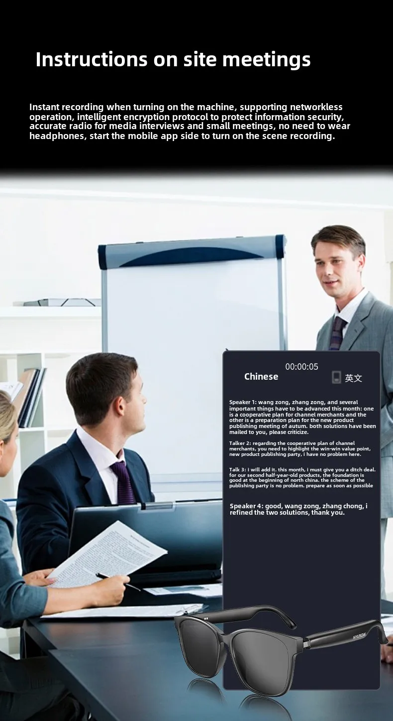 75 Languages Simultaneous Interpretation Real-time Meeting Smart AI Translation Headphones Black Polarized glasses