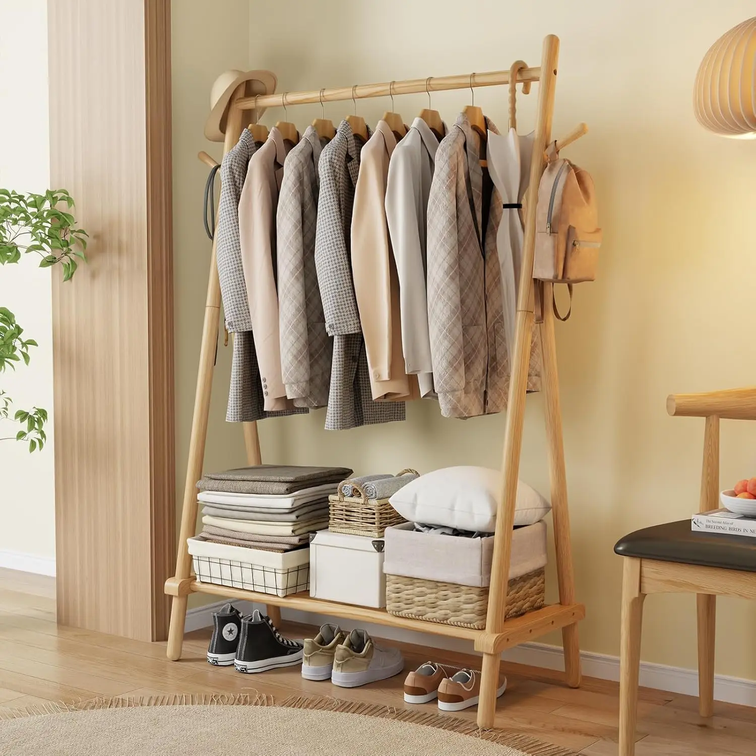 Solid Wood Clothes Rack, Clothing Rack with Shelf and Hook, Sturdy and Portable, Garment Rack for Hanging Clothes, Coats