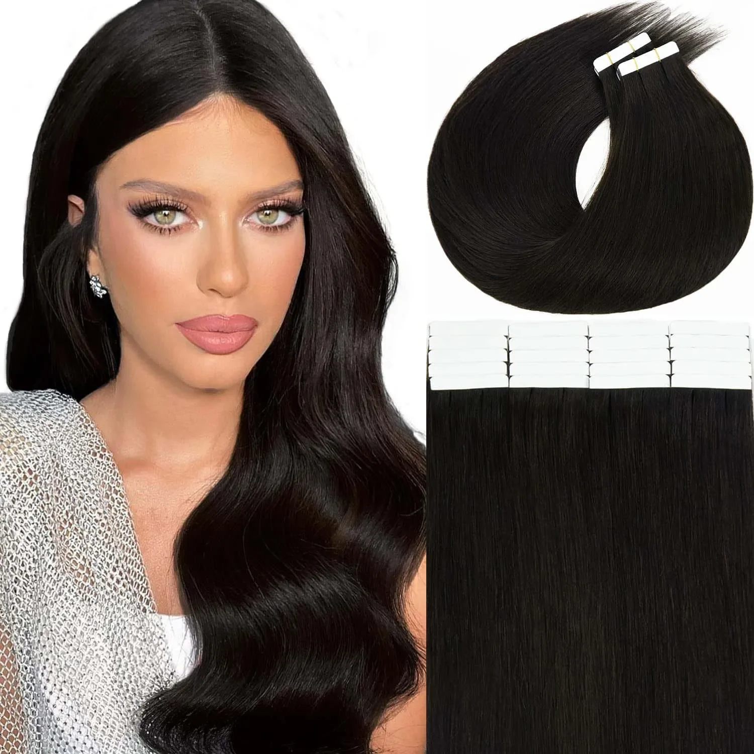 Tape In Extensions aus Echthaar, Skin Weft, glatt, selbstklebend, hochwertiges Haar in natürlicher Farbe, 16-26 Zoll, für Frauen_voghion.com