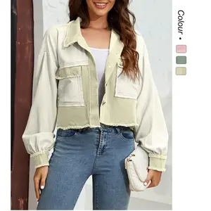 Long Sleeved Patchwork Waffle Washed Jacket with Distressed Pocket Women's Coat Denim Short Coats