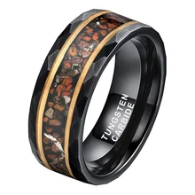 8MM Gold Line Hammered Edge Black Tungsten Carbide Ring Dinosaur Stone Meteorite Tungsten Rings Wedding Rings Jewelry For Men