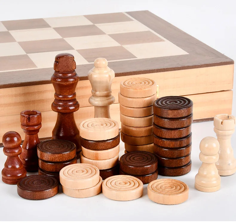 Jeu d échecs pliant en bois 3-en-1 avec dames et backgammon_voghion.com