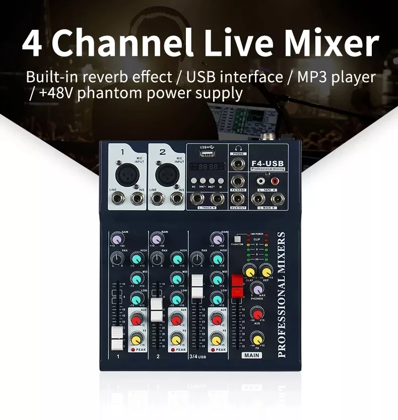 4チャンネルオーディオミキサー F4-USB - Bluetooth & USB対応、ライブ