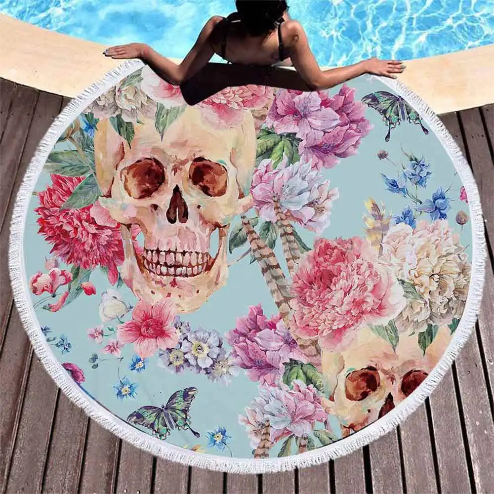 Skull rose series customized quick dry and lint free new fashion for gift to women Microfiber round beach towel