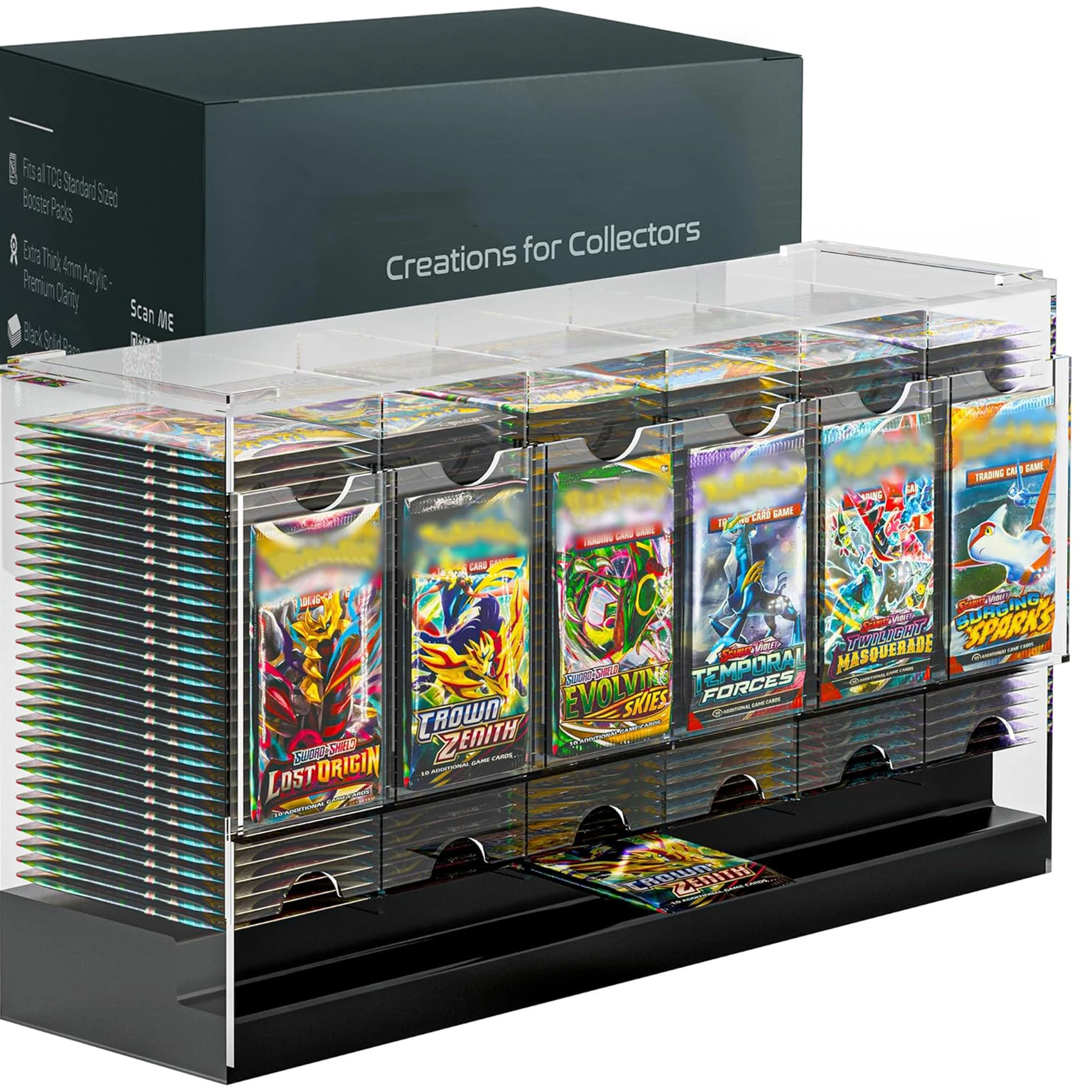6-Slot Booster Pack Dispenser na may Itim na Base, 240 Booster Pack na Katugma sa Pag-dispensa, 4mm Acrylic Stackable Storage para sa TCG Trading