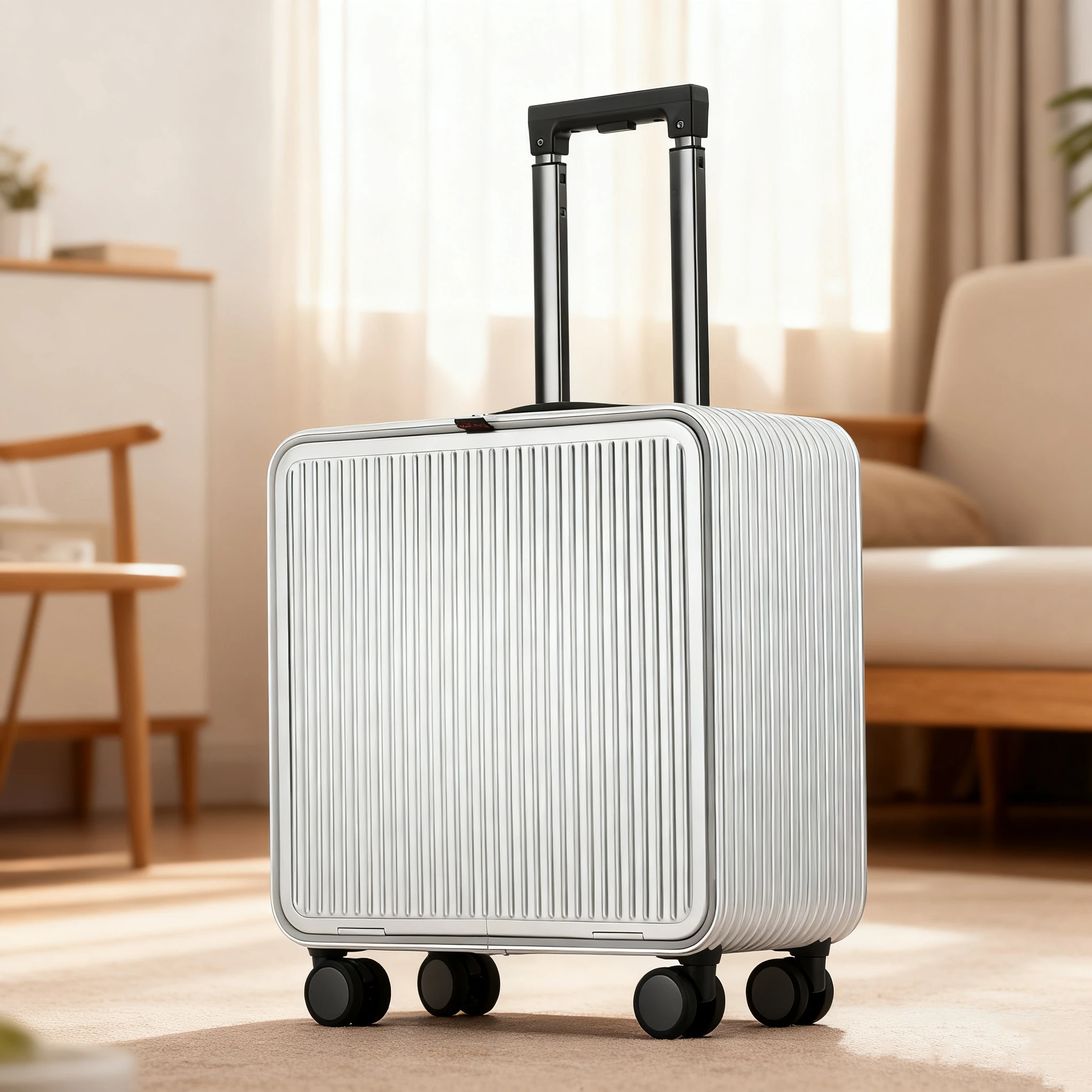 מזוודה ניידת 20 אינץ' מסוג Carry-On עם גלגלים מסתובבים (Spinner), נעילת TSA, עמידה במים, נגד גניבה, סגנון מינימליסטי לעסקים, עם פתיחה קדמית