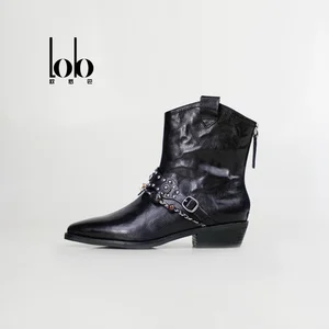 Autumn/Winter Genuine Leather Women's Western Cowboy Boots Pointed Toe Solid Color Ankle & Bootie Chunky Heel Back Zipper