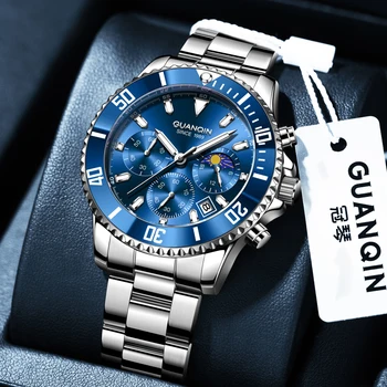 2024 GUANQIN Men Watch Quartz Fashion Men Watch Clock Stainless Steel Shockproof Waterproof Chronostop Watch Man Wristwatches