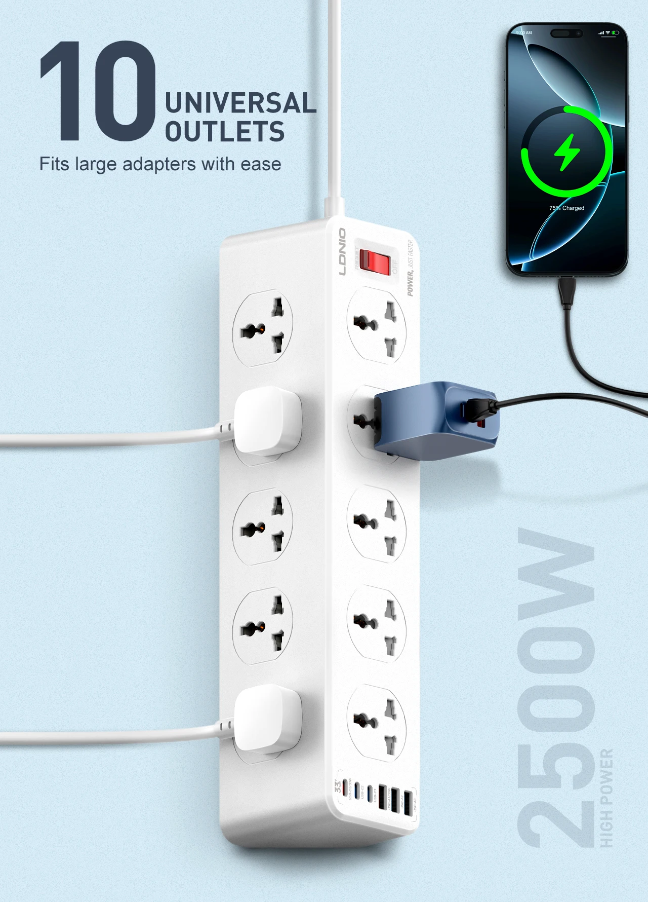 Ổ cắm điện đa năng LDNIO SC10610C 2500W 10 khe cắm AC và 6 cổng USB chính hãng