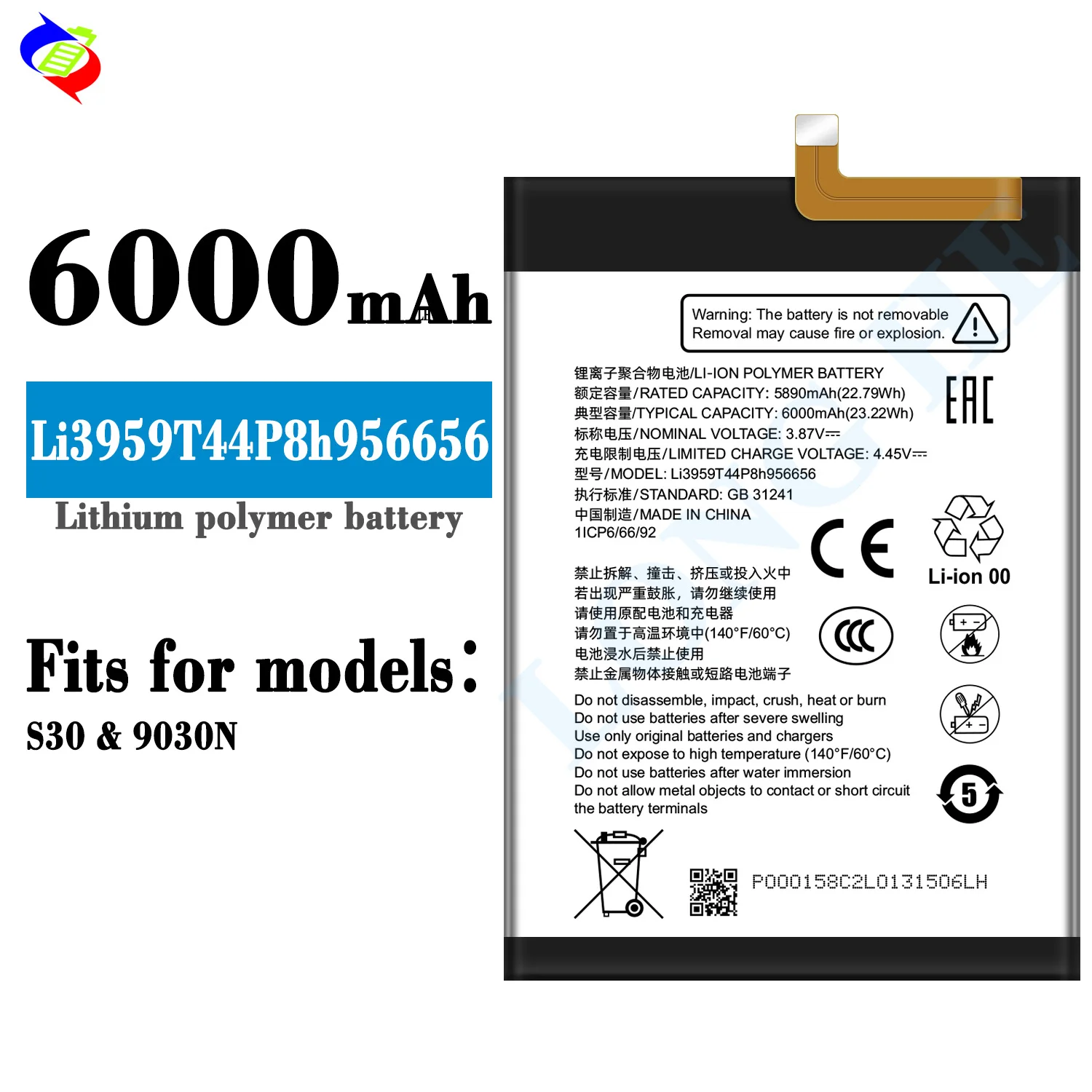 3.87V 6000mah Li3959t44p8h956656 Battery for ZTE S30 9030N