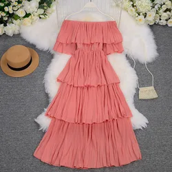 Clothing Women 2021 Newest Dress Design Female French Pleated Vintage Sweet Ruffled Off Shoulder Elegant Western Dress