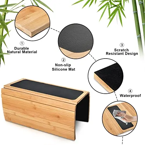Plateau Canapé Pliable Bambou Avec Porte-Boisson & Poches - Accessoire Multifonction Pour Accoudoir, Bois Naturel Élégant