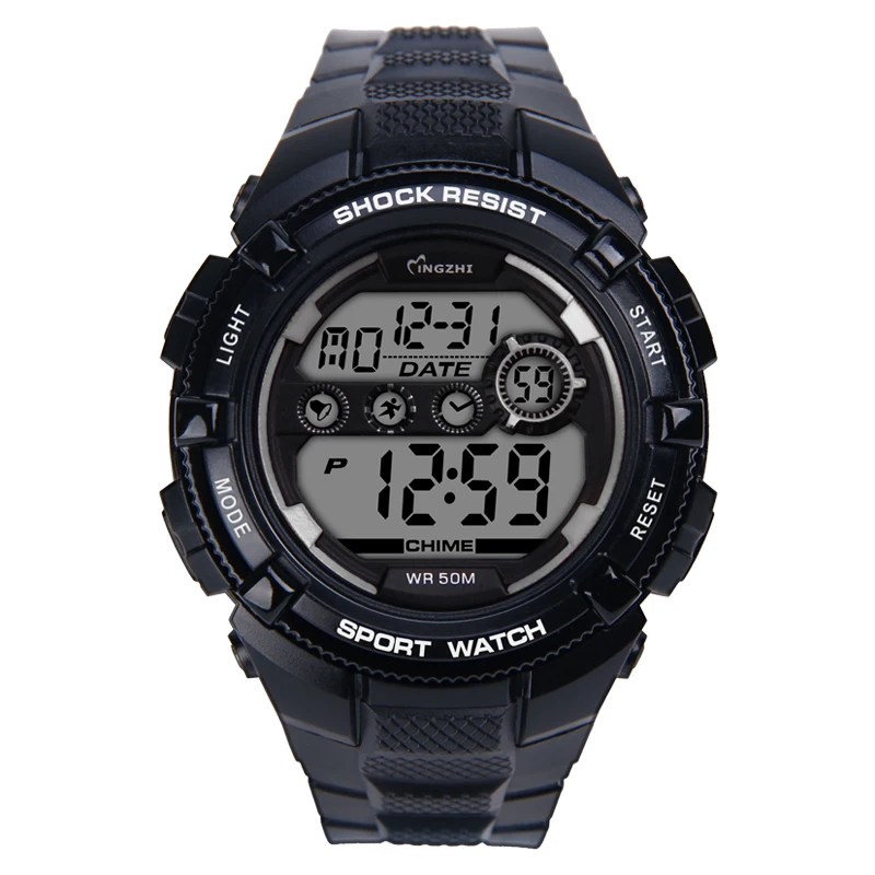 Men's Digital Alarm Waterproof Watch With Black Plastic Case, Odm