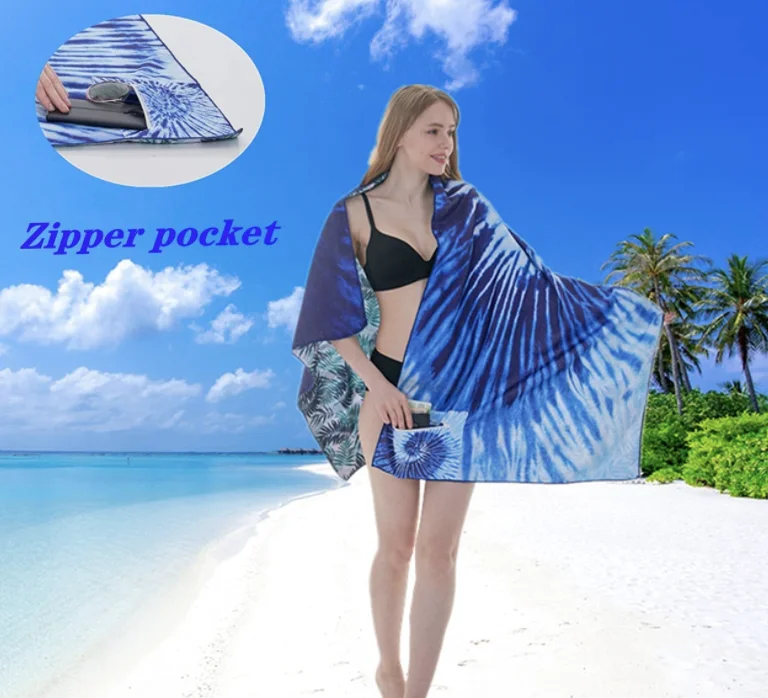 Custom Design Recycled Quick Dry Rectangle Zip Sand Free Microfiber Beach Towel with Zip Pocket
