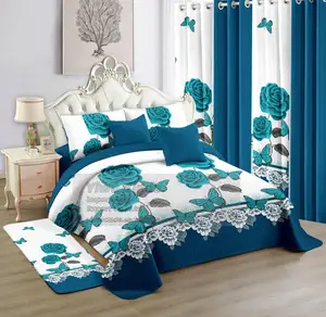 2026 New Model King Size Bedding Sets 12 Piece Cotton Filled Bedspread Flat Sheet Matched Curtains Plant Pattern for Hotel Home