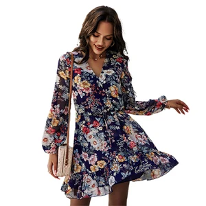 2026 Wholesale Spring V Neck Long Sleeve Chiffon Tie Waist Floral Print Wrap Mini Dresses Women