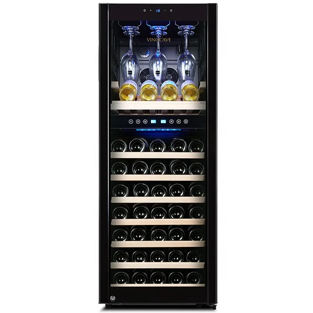 Modern Large Cooling Wine Cabinet Hang Cup Display Dual Zone Wine Chiller  With Wooden Shelf