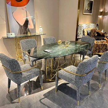 Italian Style Modern Oval Dining Table Set Metal Let Esstisch Luxury Marble High End Dining Table With Chairs