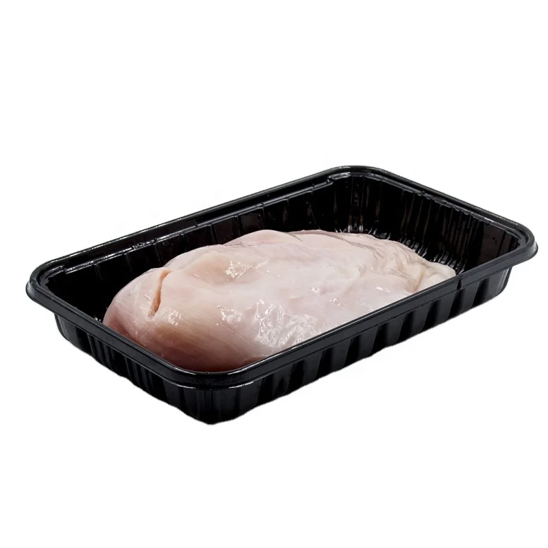Одноразовый черный прозрачный пластиковый лоток для мяса, рыбы, курицы, овощей