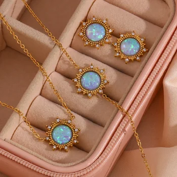 Fashion Jewelry Sunflower Shape Opal Necklace Stainless Steel Jewelry Set For Women 18K Gold Plated Necklace Bracelet Earring