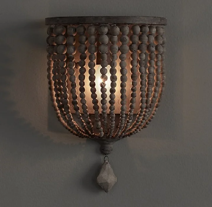 Lampada da parete retrò francese con cristalli e perline di legno, LED, per corridoio, ingresso, passaggio, camera dei bambini, camera da letto, comodino, stanza principessa
