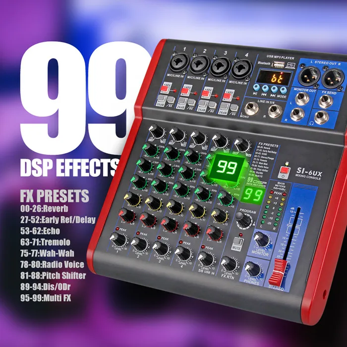 99 Dsp Effect USB Performance Stage Sound Audio Speaker 6 Channel Mixer Mixing Console Professional Audio Mixer