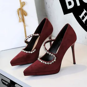 New Style Temperament Banquet Shoes Thin Heel Shallow Mouth Suveled Pointed Waterproof Table Drill Word Belt High Heel Shoes