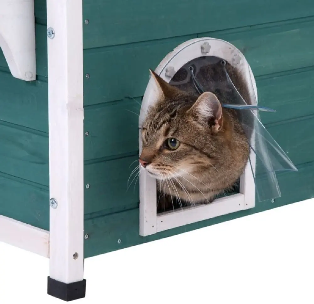 Wooden Feral Cat House Shelter with Transparent PVC Canopy
