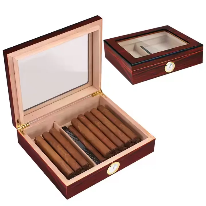 202412 Custom Wooden Cedar Cigar Boxes with Hygrometer Lock Cabinet Wholesale Wooden Luxury Zipper Display Storage Cigar Box